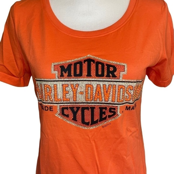 Harley Davidson Orange Short Sleeve Crew Neck T-shirt With Rhinestone Logo. Med. - Picture 9 of 13